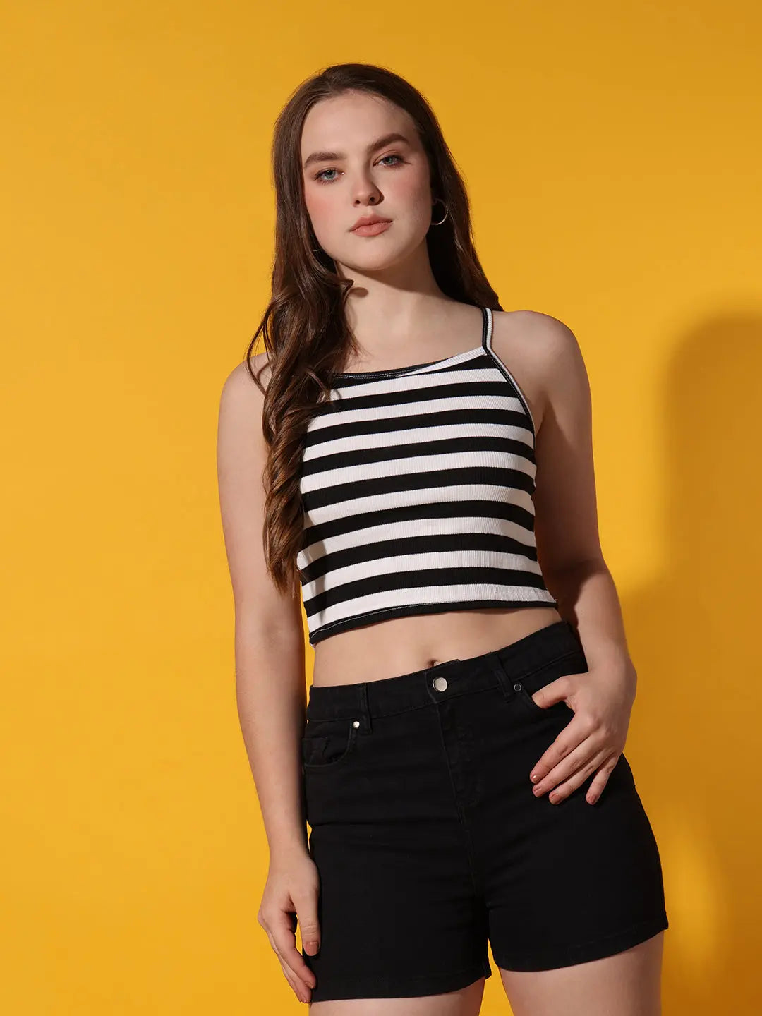 Womens Black Striped Ribbed Helter Neck Slim Fit Crop Tank Top Istyle Can Main image