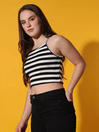 Womens Black Striped Ribbed Helter Neck Slim Fit Crop Tank Top Istyle Can