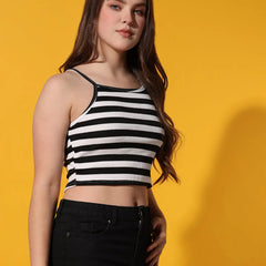 Womens Black Striped Ribbed Helter Neck Slim Fit Crop Tank Top Istyle Can