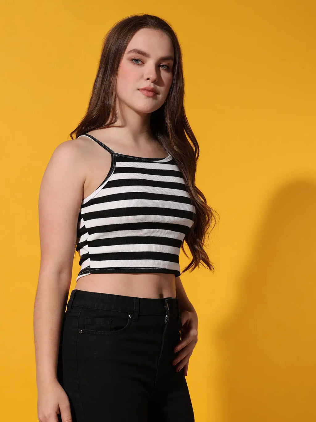 Womens Black Striped Ribbed Helter Neck Slim Fit Crop Tank Top Istyle Can