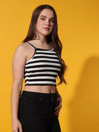Womens Black Striped Ribbed Helter Neck Slim Fit Crop Tank Top Istyle Can