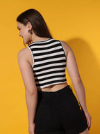 Women's Crew Neck Sleeveless Black Striped Rib Knit Crop Tank Top Istyle Can
