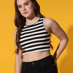 Women's Crew Neck Sleeveless Black Striped Rib Knit Crop Tank Top Istyle Can
