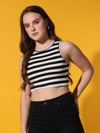 Women's Crew Neck Sleeveless Black Striped Rib Knit Crop Tank Top Istyle Can