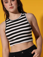 Women's Crew Neck Sleeveless Black Striped Rib Knit Crop Tank Top Istyle Can