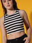 Women's Crew Neck Sleeveless Black Striped Rib Knit Crop Tank Top Istyle Can