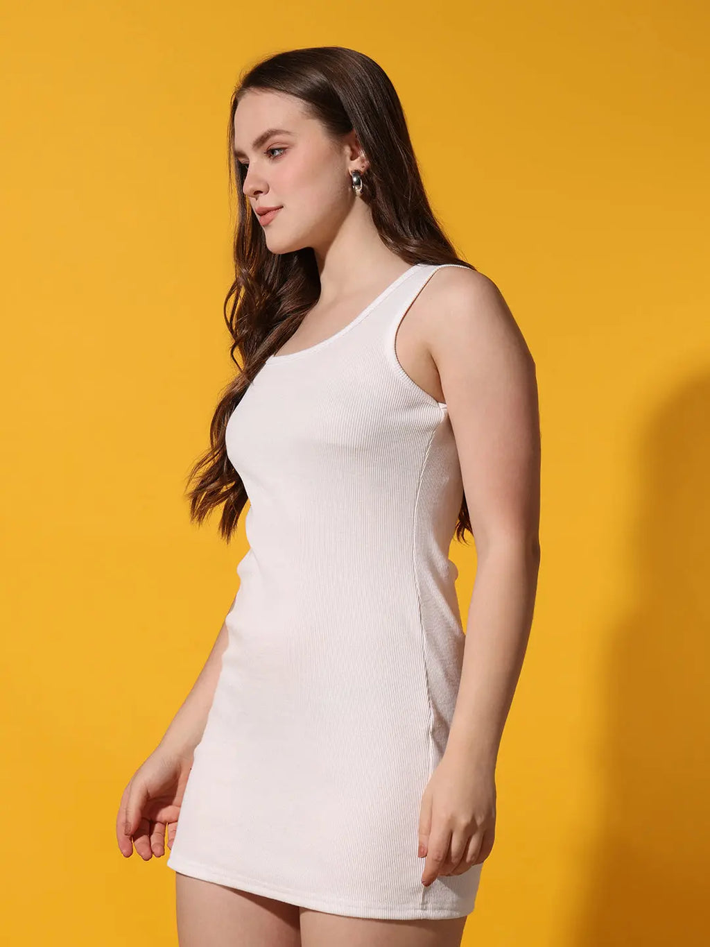 White Solid Round Neck Sleeveless Waist Tie Casual Fashion Bodycon Tank Dress Sundress