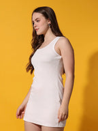 White Solid Round Neck Sleeveless Waist Tie Casual Fashion Bodycon Tank Dress Sundress
