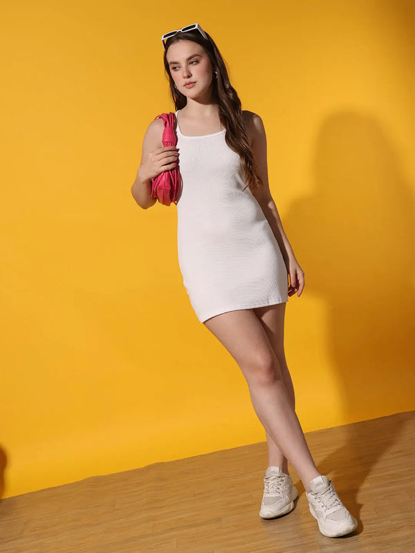 White Solid Round Neck Sleeveless Waist Tie Casual Fashion Bodycon Tank Dress Sundress