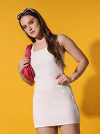 White Solid Round Neck Sleeveless Waist Tie Casual Fashion Bodycon Tank Dress Sundress