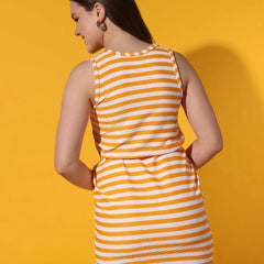 Orange Striped Round Neck Sleeveless Waist Tie Casual Fashion Dress Sundress