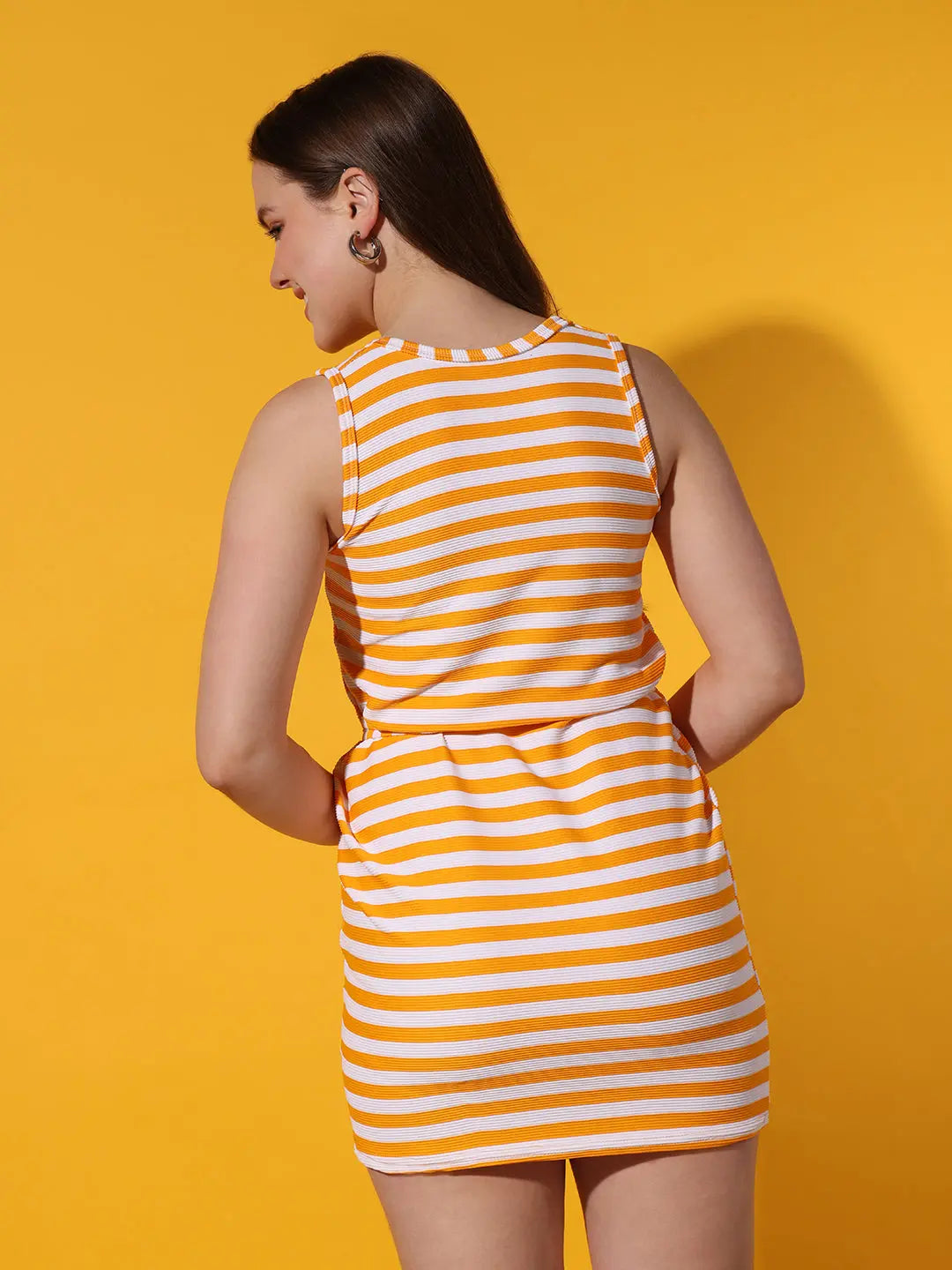 Orange Striped Round Neck Sleeveless Waist Tie Casual Fashion Dress Sundress
