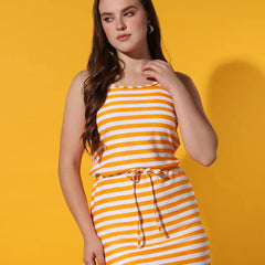 Orange Striped Round Neck Sleeveless Waist Tie Casual Fashion Dress Sundress