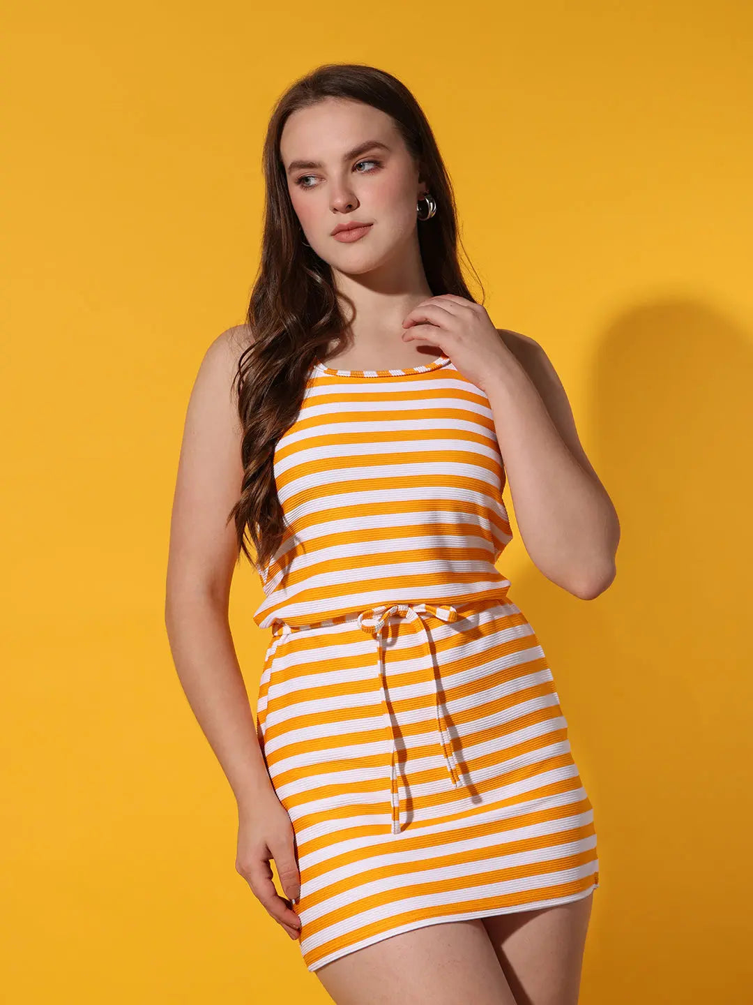 Orange Striped Round Neck Sleeveless Waist Tie Casual Fashion Dress Sundress