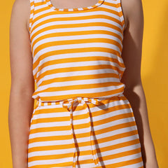 Orange Striped Round Neck Sleeveless Waist Tie Casual Fashion Dress Sundress