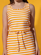 Orange Striped Round Neck Sleeveless Waist Tie Casual Fashion Dress Sundress