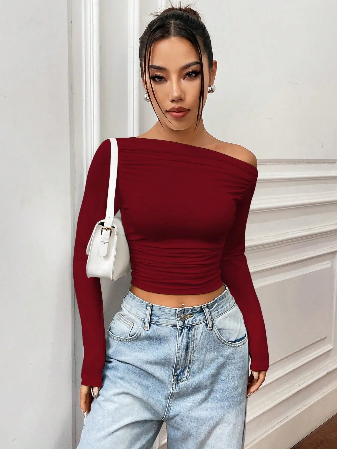Istyle Can Solid Maroon Color Asymmetric Collar Pleated Cropped Top My Store