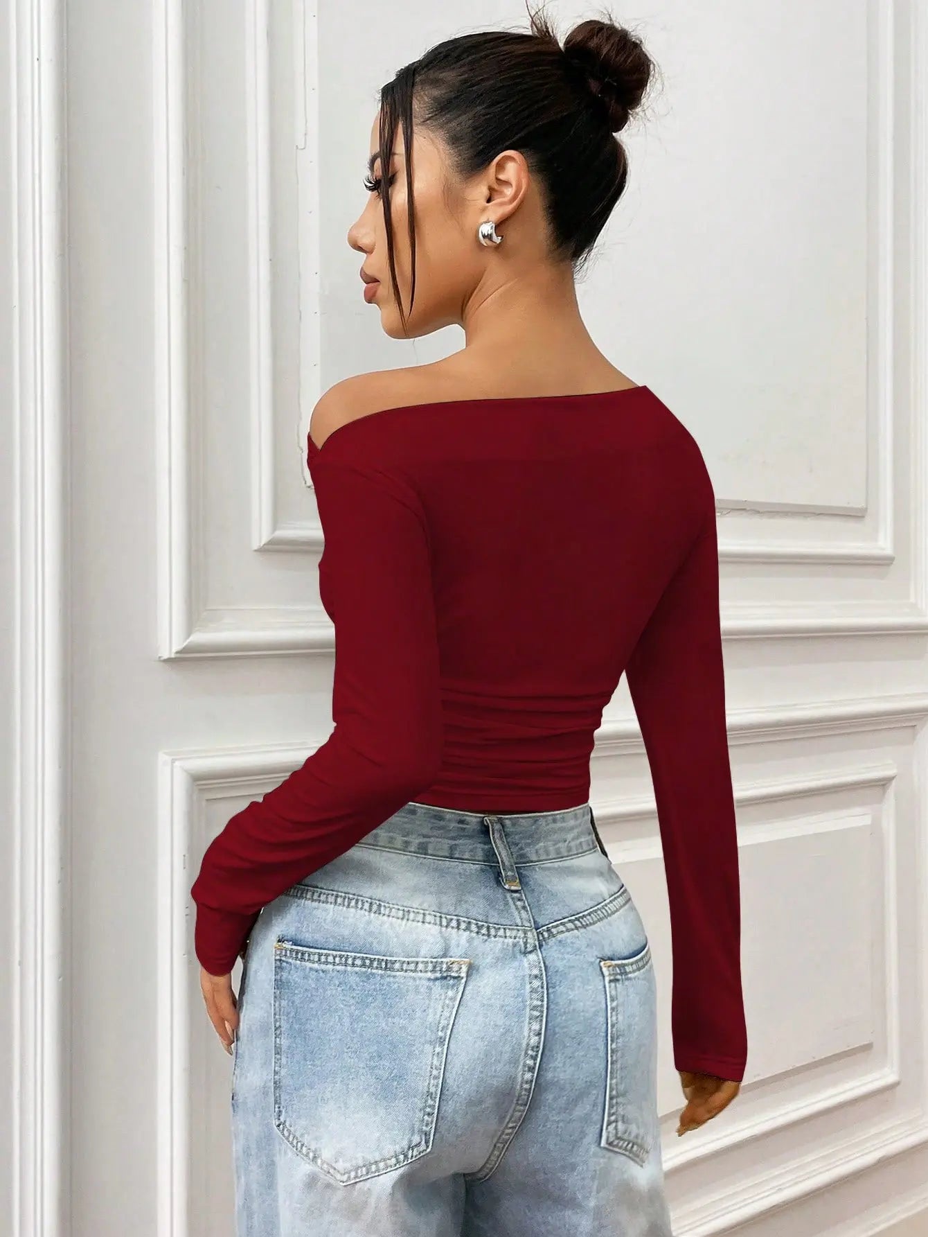 Istyle Can Solid Maroon Color Asymmetric Collar Pleated Cropped Top Secondary image