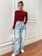 Istyle Can Solid Maroon Color Asymmetric Collar Pleated Cropped Top My Store