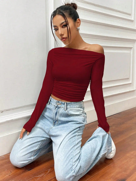 Istyle Can Solid Maroon Color Asymmetric Collar Pleated Cropped Top My Store