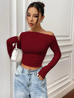Istyle Can Solid Maroon Color Asymmetric Collar Pleated Cropped Top My Store