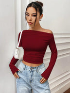 Istyle Can Solid Maroon Color Asymmetric Collar Pleated Cropped Top My Store