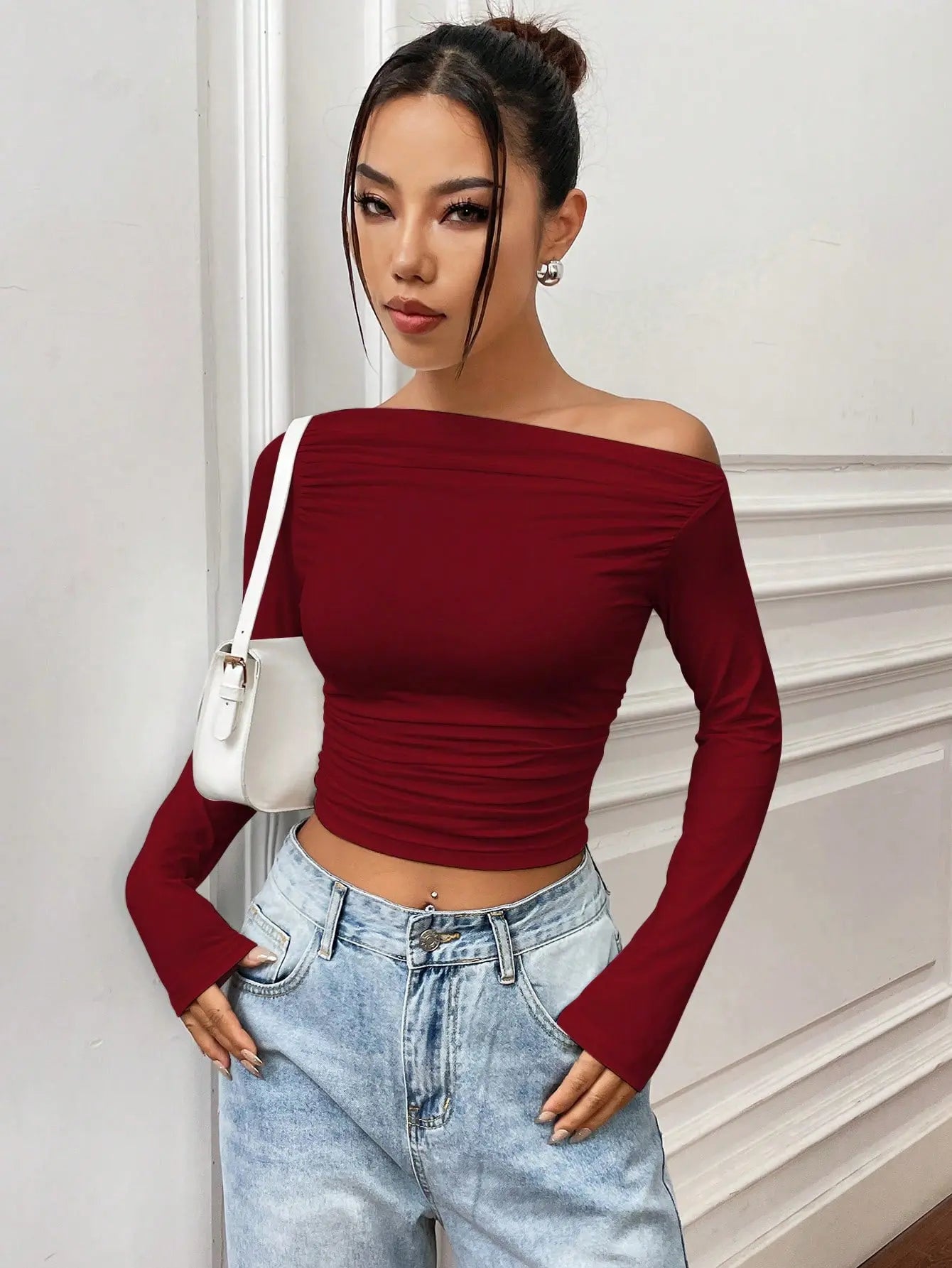 Istyle Can Solid Maroon Color Asymmetric Collar Pleated Cropped Top My Store