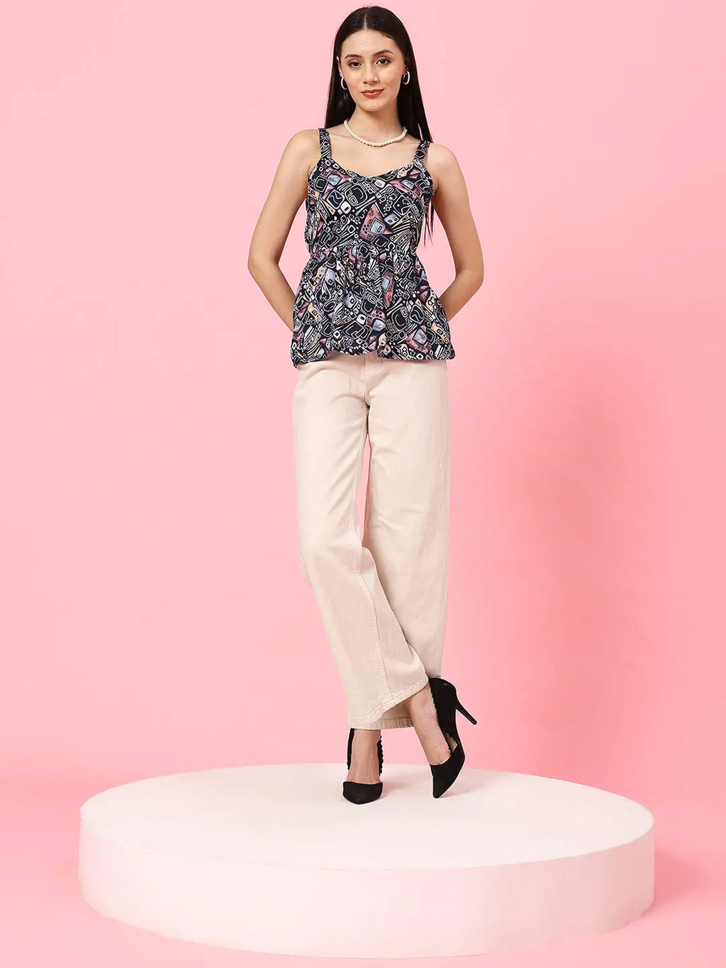 Istyle Can Navy Blue Sweetheart Neck Shoulder Straps Sleeveless Regular Fit Top Istyle Can