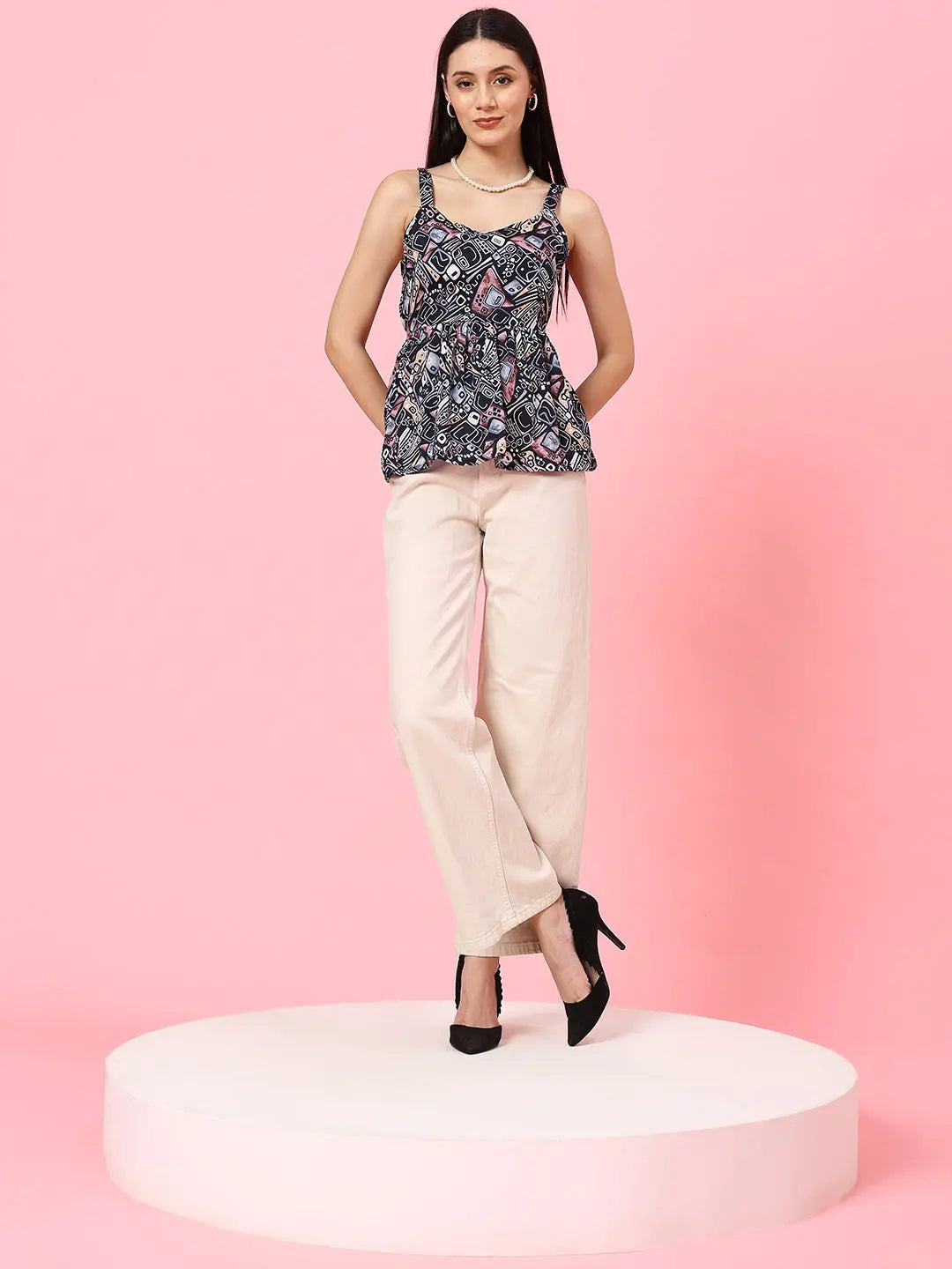 Istyle Can Navy Blue Sweetheart Neck Shoulder Straps Sleeveless Regular Fit Top Istyle Can