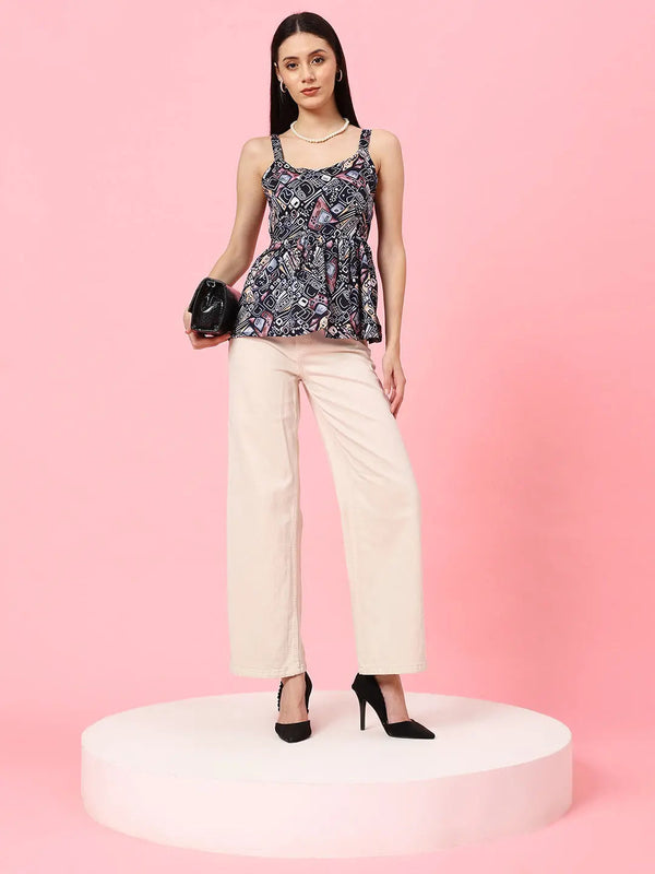 Istyle Can Navy Blue Sweetheart Neck Shoulder Straps Sleeveless Regular Fit Top Istyle Can