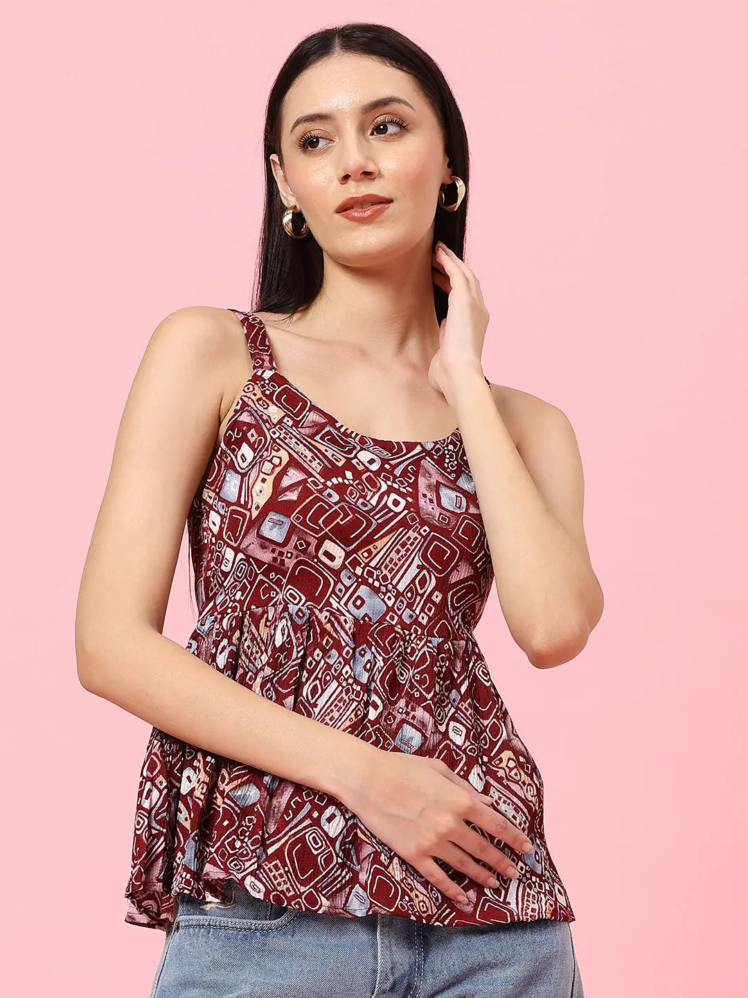 Istyle Can Maroon Sweetheart Neck Shoulder Straps Sleeveless Regular Fit Top Istyle Can