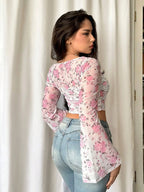 Istyle Can White Floral Print Slim‑Fit Crop Top with Square Neck & Bell Sleeves My Store