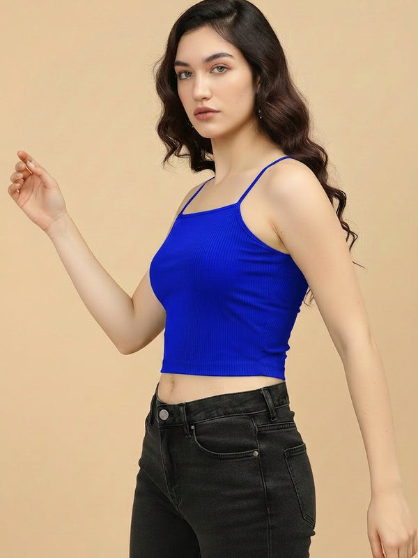 Istyle Can royal blue ribbed spaghetti strap crop top side view