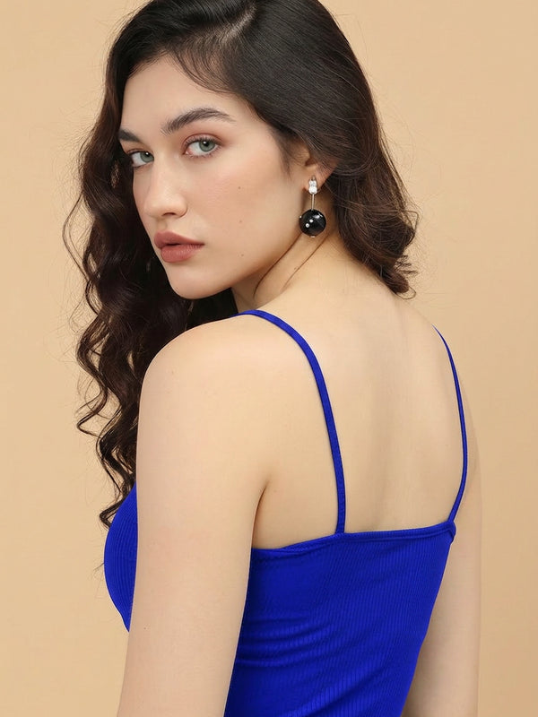 Istyle Can royal blue spaghetti strap crop top closeup view
