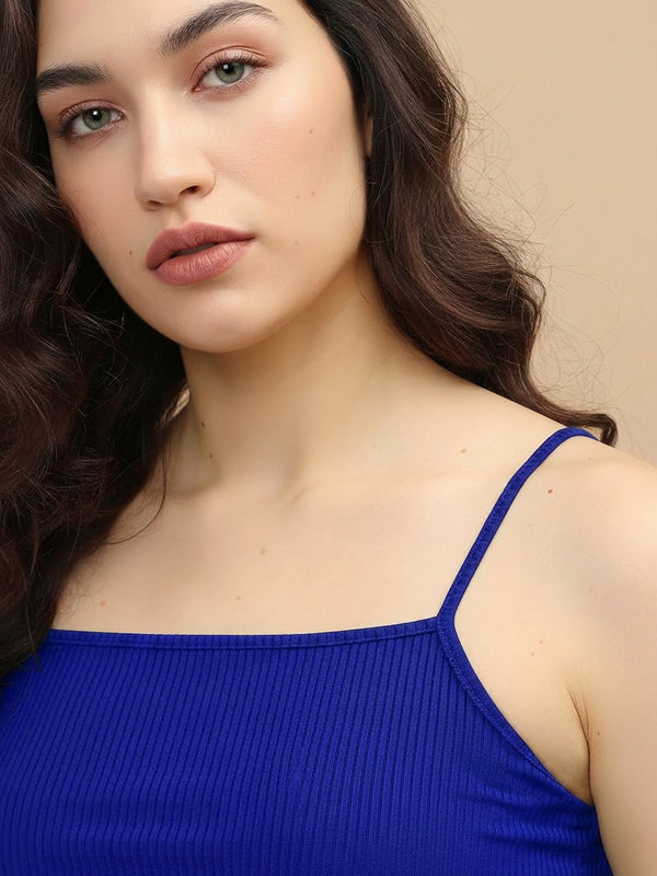 Istyle Can royal blue ribbed square neck crop camisole look shot