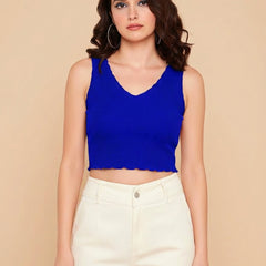 Istyle Can Women Royal Blue Ribbed V-Neck Frill Edge Crop Tank Top