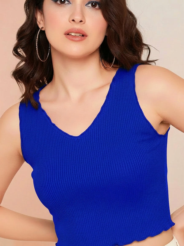 Istyle Can Women Royal Blue Ribbed V-Neck Frill Edge Crop Tank Top