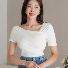 Istyle Can Women's White Ruched Asymmetrical Stretch T-Shirt Istyle Can