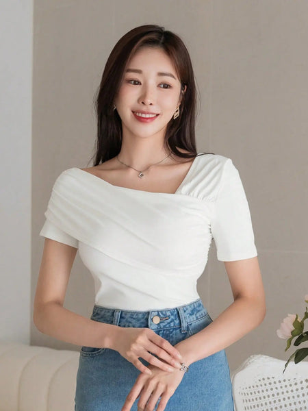 Istyle Can Women's White Ruched Asymmetrical Stretch T-Shirt Istyle Can