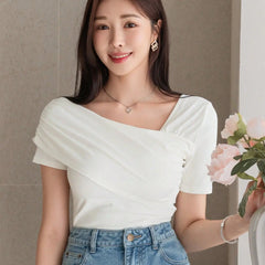Istyle Can Women's White Ruched Asymmetrical Stretch T-Shirt Istyle Can