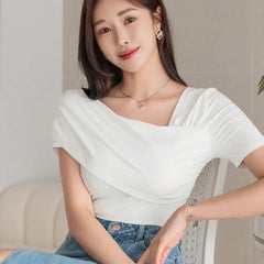 Istyle Can Women's White Ruched Asymmetrical Stretch T-Shirt Istyle Can