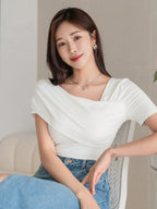 Istyle Can Women's White Ruched Asymmetrical Stretch T-Shirt Istyle Can