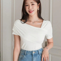 Istyle Can Women's White Ruched Asymmetrical Stretch T-Shirt Istyle Can