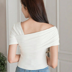 Istyle Can Women's White Ruched Asymmetrical Stretch T-Shirt Istyle Can