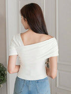 Istyle Can Women's White Ruched Asymmetrical Stretch T-Shirt Istyle Can