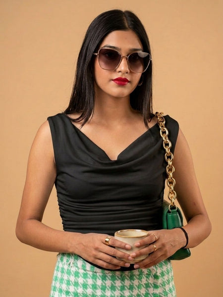 Black Cowl Neck Crop Top View 2