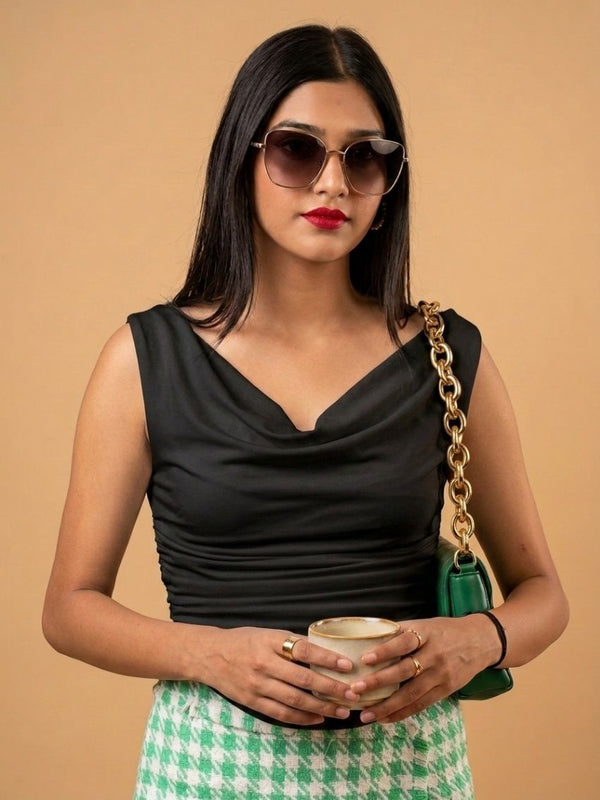 Black Cowl Neck Crop Top View 2