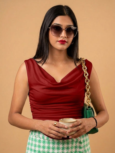 Maroon Cowl Neck Crop Top View 3