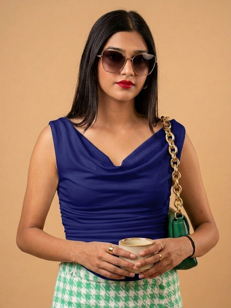 Navy Cowl Neck Crop Top View 2