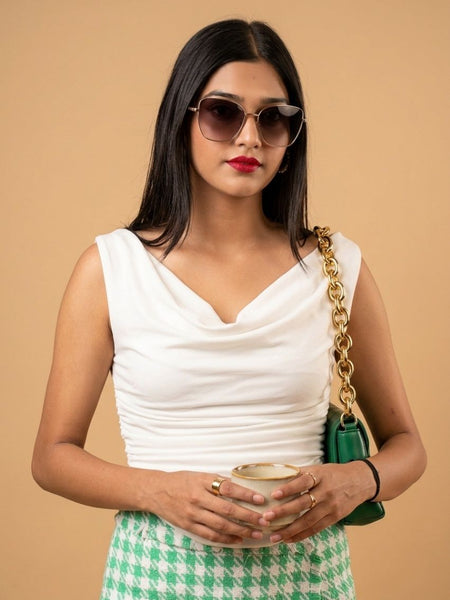 White Cowl Neck Crop Top View 3